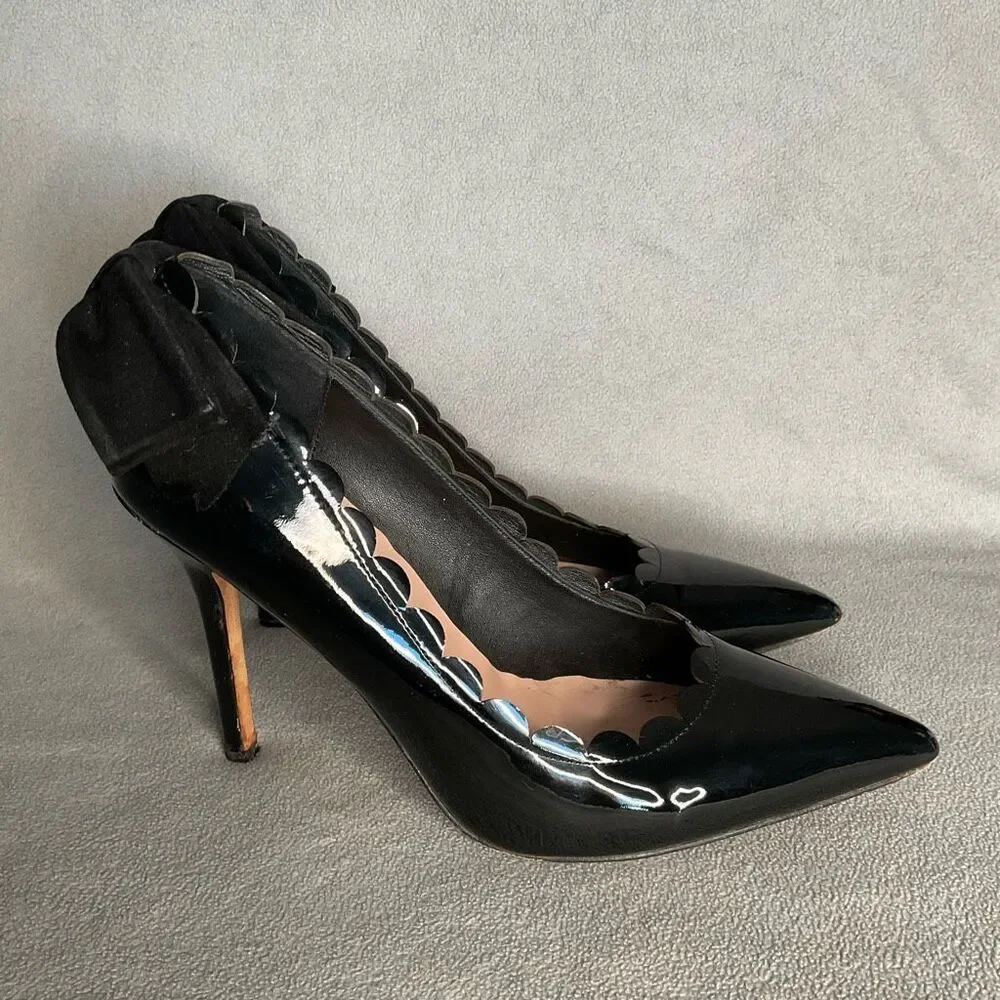 Kate Spade Pointed Heels Maxine Black Patent Leather Scallops Bows Stilettos 10M